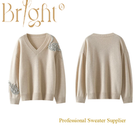 Pull en cachemire de luxe orné d'un cygne en cristal, col en V, coupe ample, doux et moelleux, en pur cachemire tricoté pour femme
