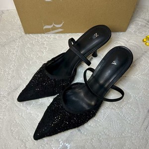 Sandalias de tacón fino con correa y diamantes de imitación, transpirables, de malla, para mujer, estilo slip-on, negras, de tacón alto, novedad de verano - Product Image 5