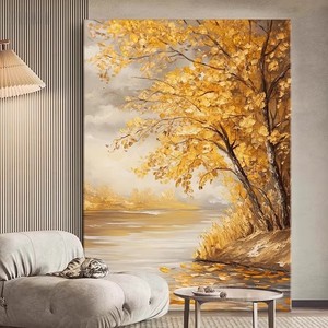Pintura al óleo de paisaje minimalista moderna, hojas doradas, arte decorativo hecho a mano con textura para sala de estar, recibidor - Product Image 3