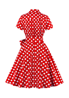 Robe trapèze vintage à pois imprimée numériquement pour femme, manches courtes, col en V, ceinturée, longueur midi, en polyester tissé, décontractée pour le quotidien