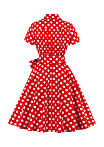 Robe trapèze vintage à pois pour femme, manches courtes, col à revers, ceinture, longueur midi, en polyester tissé, décontractée pour le quotidien - Product Image 4
