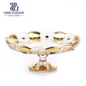 Middle-East Design Popular Wholesale 11inch golden plating decorative glass plates with stand use for food fruit storage in home