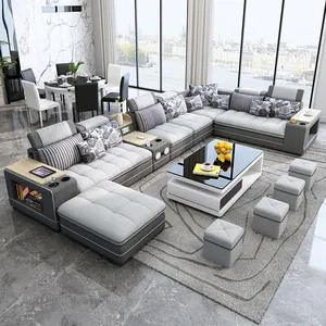 Kustom Set Sofa Modern ruang tamu berbentuk U bagian Modular kain kulit asli Sofa furnitur rumah