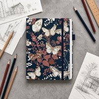 Carnet à couverture rigide mate en gros, motif papillon botanique vintage, avec élastique, pour l'écriture et les cadeaux artistiques