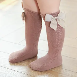 2022秋季新款儿童纯棉袜子网眼纯色小腿袜子女婴蝴蝶结膝盖高筒袜子