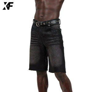 شورت جينز رجالي أصلي من XUFEI بتصميم مخصص للملابس الشبابية، حواف خام، 100% قطن، مزين بالكريستال والأحجار اللامعة، معالج بالغسيل الحمضي - Product Image 1