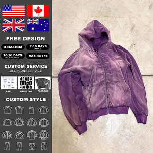เสื้อฮู้ดดี้โอเวอร์ไซส์สีม่วงซันเฟดวินเทจ ผ้าฝ้ายเฟรนช์เทอร์รี่หนา 400 แกรม พิมพ์ลายคริสตัลแบบกำหนดเอง ล้างสีแบบแอซิดวอช พร้อมซิป - Product Image 2