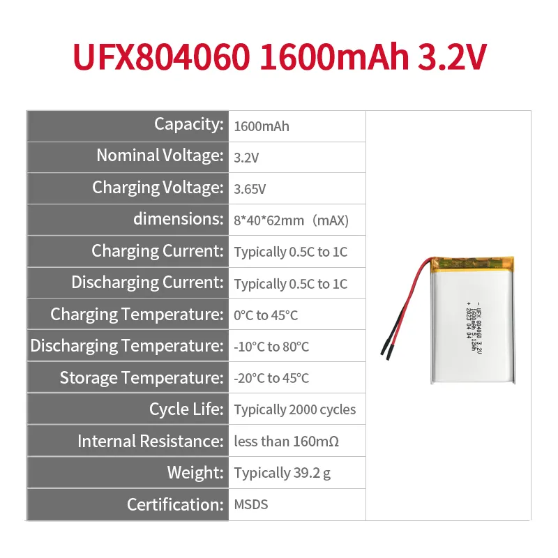 Li-Ionen-Akku Factory Professional Benutzer definierter Tablet-Computer-Akku UFX 804060 1600mAh 3,2 V LiFePo4-Akku