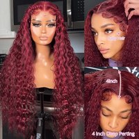 Perruques de cheveux humains bouclés ondulés profonds bordeaux 99J avec dentelle frontale 13x4 transparente HD