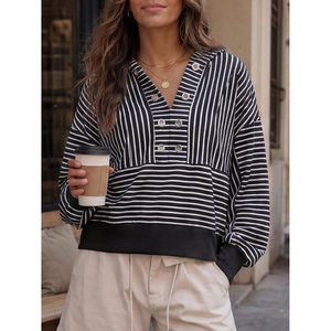 Womens Striped <b>Cropped</b> Hoodie Oversized Sweatshirt V Neck <b>Long</b> <b>Sleeve</b> Loose Fit Knitted Cotton Blend <b>Top</b> - Product Image 3