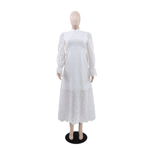 Vestido Elegante de Manga Larga con Aberturas y Botones en la Cintura para Mujer, Color Sólido, Estilo Vacacional - Product Image 3