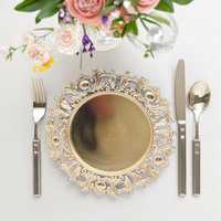 Assiettes de présentation classiques en plastique doré de 13 pouces à motif végétal pour la décoration de mariages et de fêtes, achat en gros direct usine