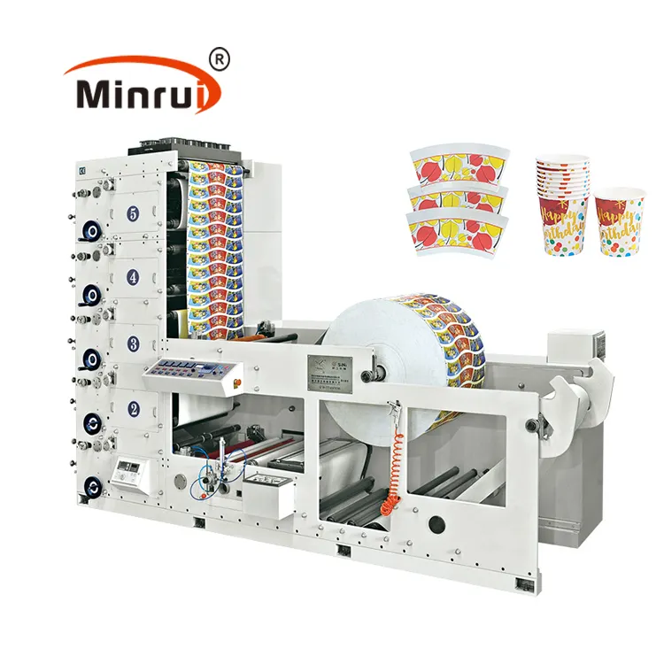 Máquina de impresión flexo en 6 colores, secadora en V, rollo de vasos de papel