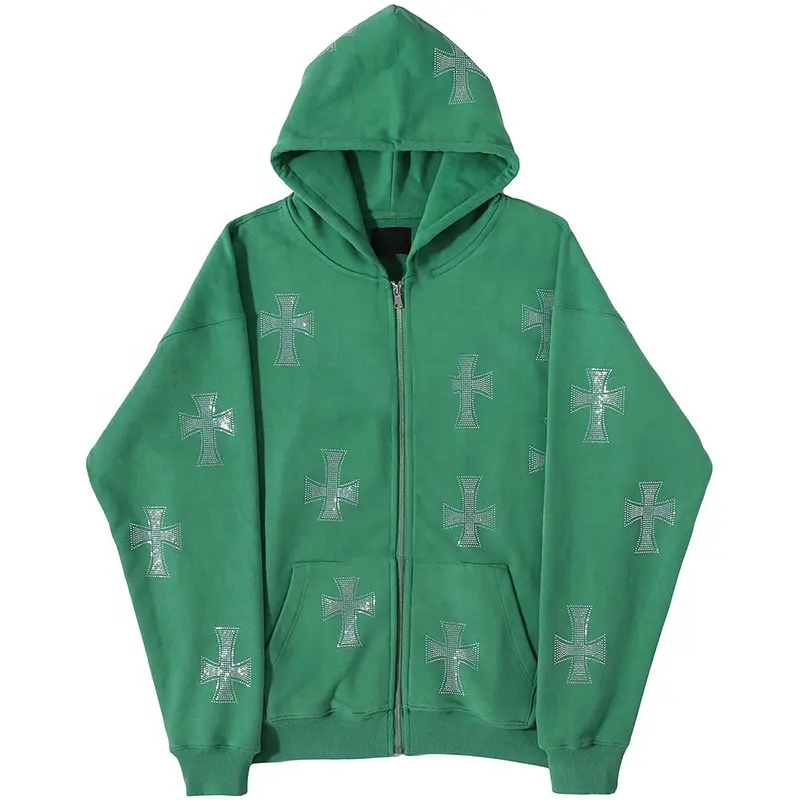 Rhinestone Gothic Streetwear Green Zipup Hoodie Y2k Hip Hop Joggers Sweatshirt Korean Fashion Pullover Hoodie