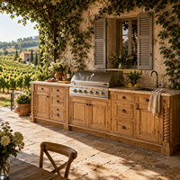 Meubles de cuisine extérieurs sur mesure en bois avec station barbecue, évier en acier inoxydable, glacière et rangement pour villa, jardin, complexe hôtelier
