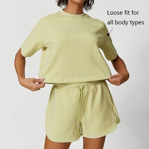 XW-PTS2420 <span class=keywords><strong>donna</strong></span> 2 pezzi <span class=keywords><strong>Oversize</strong></span> Pullover canotta Jogger Set corto modale ampia tuta da ginnastica t-shirt e pantaloncini da allenamento - Product Image 3