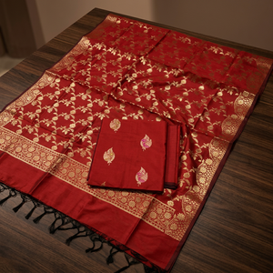 Ensemble de tissu traditionnel en soie Katan avec broderie fine Zari Meena et tissu pour costume trois pièces pour la mode festive et les mariages - Product Image 1