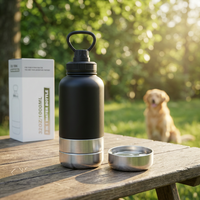 Bouteille d'eau pour chien en acier inoxydable 304, bols amovibles, qualité alimentaire, portable, grande capacité 1L/32oz, pour voyages en plein air