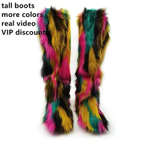 2022 MOQ 1 Dropshipping wholesale furry fur high casual winter shoes ladies over knee furry fur boots for Women