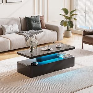 Table basse moderne SENYU en verre trempé avec étagère de rangement et lumière LED bleue, meubles de salon - Product Image 6