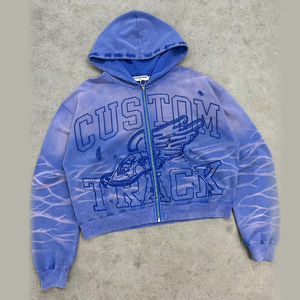 Embroidery OEM Custom Pattern Tie-dye Zipper-up Vintage Distressed Boxy 400 GSM Heavyweight Streetwear Mens Hoodie