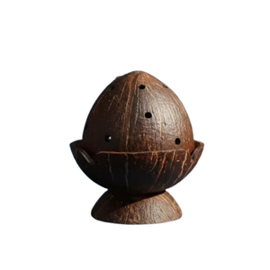 Brûleur d'encens rond artisanal en coquille de noix de coco gravée, art populaire, 10 cm de hauteur, décoration de table pour la maison - Product Image 1