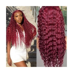 Parrucca frontale <span class=keywords><strong>in</strong></span> pizzo trasparente marrone rossastro 13x4 Hd 99J bordeaux Highlight colorato pizzo riccio parrucche capelli umani - Product Image 3