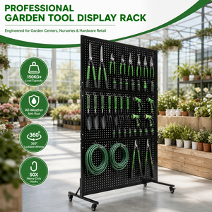 Estante de exhibición móvil de alta resistencia para herramientas de jardín, soporte de almacenamiento para garaje, organizador de herramientas pesadas, estante de exhibición de metal con panel perforado para suelo, para venta minorista. - Product Image 1