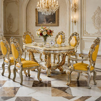 Table à manger en chêne de style européen, design français-américain, bois massif, plateau ovale en marbre, accents émeraude et or champagne, 8 places, pour la maison