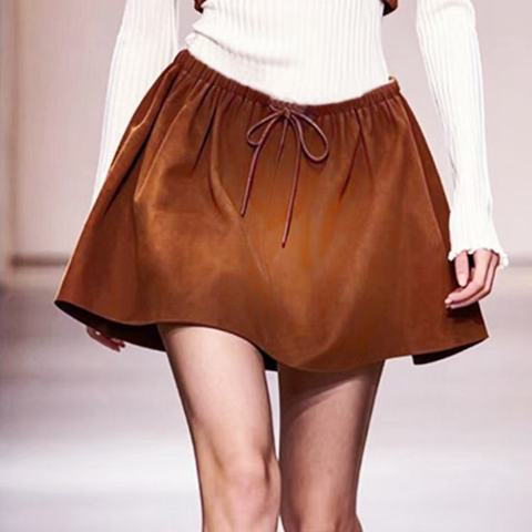 2026 Autumn New Style Leather Half-Dress Slim-Fitting Fashion Gradient Color System Drawstring Short A-Line Skirt for Women