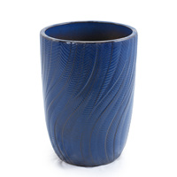 Pot de fleurs en céramique émaillée bleu cobalt, texture gaufrée à motif plume ondulée, pour intérieur et extérieur, avec trou de drainage, écologique