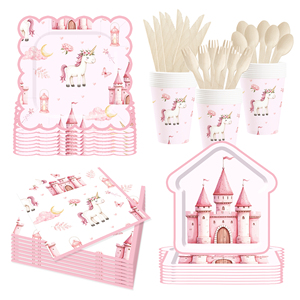 Assiettes, serviettes et gobelets en papier jetables à volants en dentelle, thème licorne rose et château DAMAI, pour fournitures de fête - Product Image 3