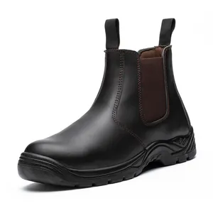 Botas de seguridad de cuero suave para hombre, zapatos de seguridad impermeables y resistentes al aceite, sin cordones, con punta de acero