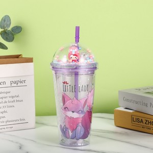 450ml Reusable Dreamy Fox Pony Cartoon Animal Themed Double Wall <b>Plastic</b> Straw Tumbler with Mini Doll Figurine & Pastel Pom Pom - Product Image 4