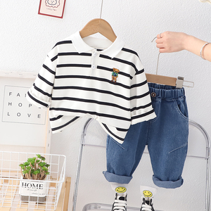 Bộ quần áo trẻ em thu đông, áo polo kẻ sọc hình gấu hoạt hình tay dài, quần bò, hai món, dành cho bé trai - Product Image 2