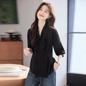 Women's Bow <b>Tie</b> Shirt Top Black Solid Color Satin Wrap And <b>Tie</b> Office Wear Spring Autumn 2025 Fashionable Blouse Long Sleeve - Product Image 4