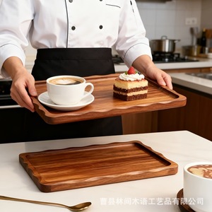 Acacia Wood Serving <b>Tray</b> With Decorative Borders For Hotel Meals Coffee Tea Drinks Small And <b>Large</b> Two Piece Set - Product Image 2