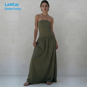 <span class=keywords><strong>Robe</strong></span> longue trapèze sans bretelles en coton et <span class=keywords><strong>lin</strong></span> de haute qualité, personnalisable avec marque privée, pour femmes – Fournisseur de vêtements - Product Image 4