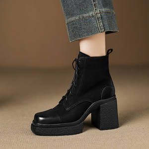 Best-selling Top-grain Cowhide Solid Color Retro Belt-decorated Long Waterproof Anti-slip Casual One-foot Thick-heeled <b>Mid</b>-<b>calf</b> - Product Image 3