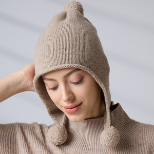 Women's Knit Earflap Hat With Pom Poms Solid Color Beige Winter Outdoor Casual Style Knitted 100% Merino <b>Wool</b> <b>Beanie</b> - Product Image 5