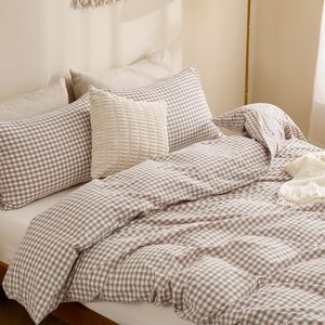 Parure de lit de luxe en coton lavé aspect lin, motif Gingham, douce et respirante, avec taies <span class=keywords><strong>d</strong></span>'<span class=keywords><strong>oreiller</strong></span>, taille Queen, couleur Tan, pour chambre à coucher - Product Image 4