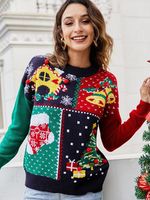 Pull de Noël pour femme, tricot Fair Isle, col rond, manches longues, motif Père Noël, rennes, cannes à sucre, pull de Noël