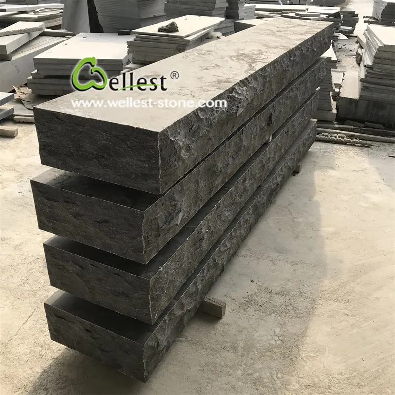 Natural split edge front acid blue limestone block step treads for garden and exterior stair case