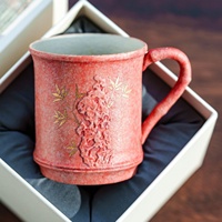 Tasse en céramique de style chinois avec poignée en bambou, motif pierre de Taihu, contour or rose, rouge silex, pour thé et café, cadeau