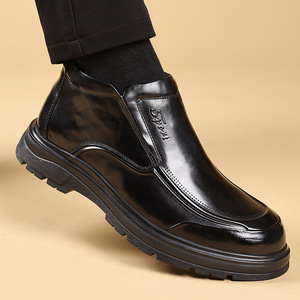 Bottes Martin pour hommes en cuir véritable, bout rond, doublure en fourrure, semelle en caoutchouc, chaussures chaudes isolantes pour l'hiver - Product Image 1