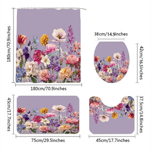 Set di 4 Pezzi <span class=keywords><strong>Tenda</strong></span> Doccia Impermeabile Floreale Vintage Personalizzata, Poliestere <span class=keywords><strong>Lilla</strong></span>, Decorazioni Bagno, Tappetini, Copriwater - Product Image 3