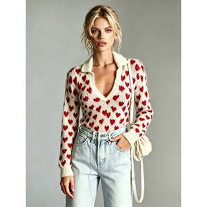 Cárdigan con cuello en V y estampado de corazones para mujer, suéter S(66) con corazones rojos, prendas de punto ligeras para uso casual - Product Image 3