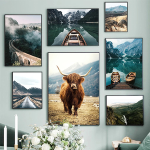 Peintures de paysages naturels nordiques, animaux, vache, lac, <span class=keywords><strong>montagne</strong></span> enneigée, <span class=keywords><strong>forêt</strong></span>, impressions sur toile, peintures à l'huile, décoration intérieure - Product Image 1
