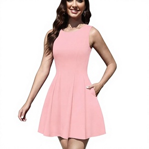 O-Neck Sleeveless A-Line Slim Mini Dress Solid Pink Casual <b>Summer</b> Breathable Knitted Spandex/Polyester - Product Image 1