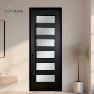 カスタマイズされたモダンな内外装用単板無垢材ドア（ガラスパネル付き、防音、オーク、パイン、マホガニー材、正面玄関木製ドア） - Product Image 5